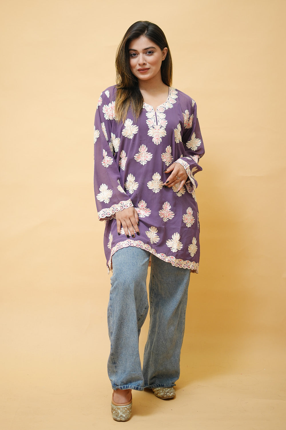 Purple Colour Aari Work Neck Short Kashmiri Kurti