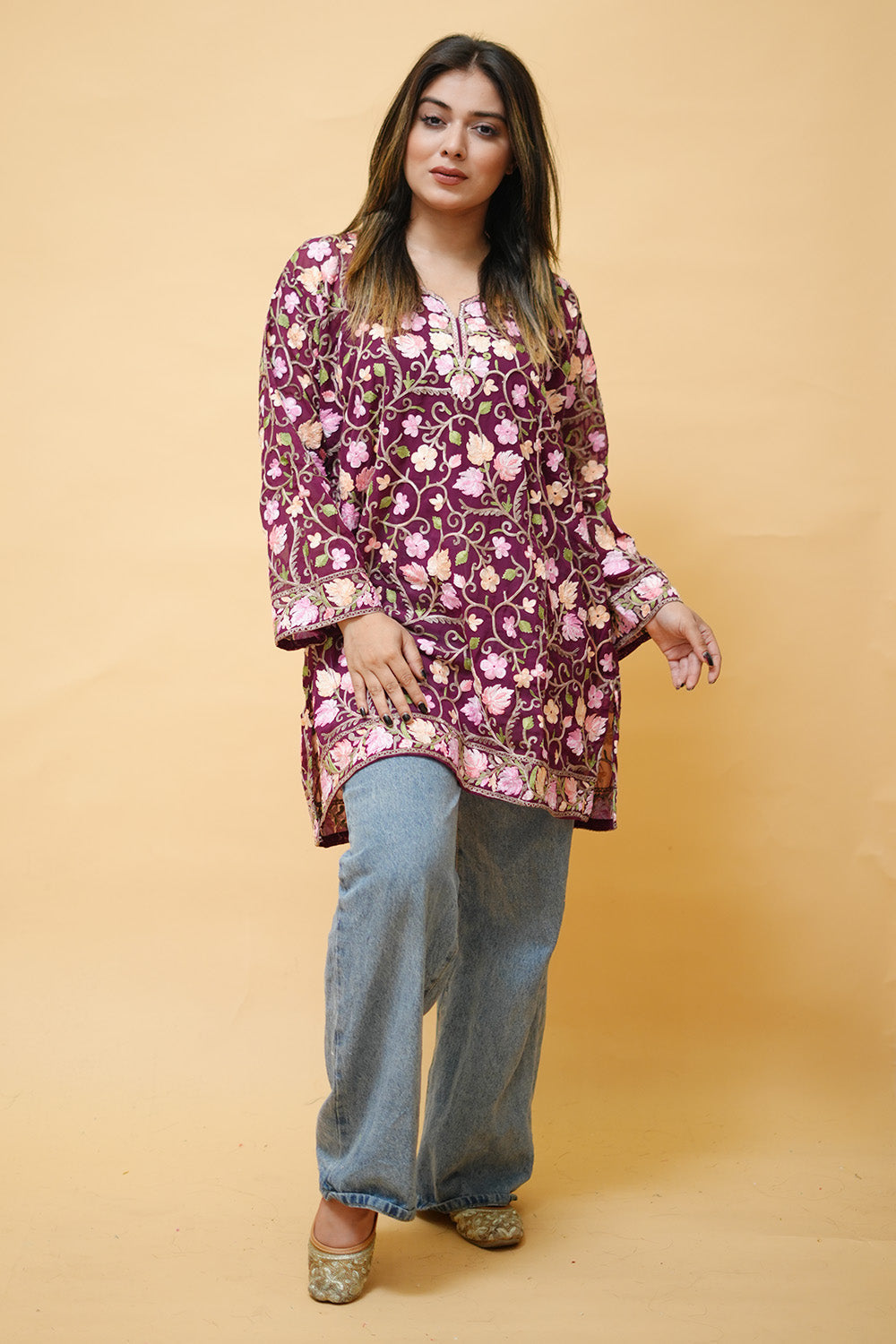 Purple Colour Aari Work Neck Short Kashmiri Kurti