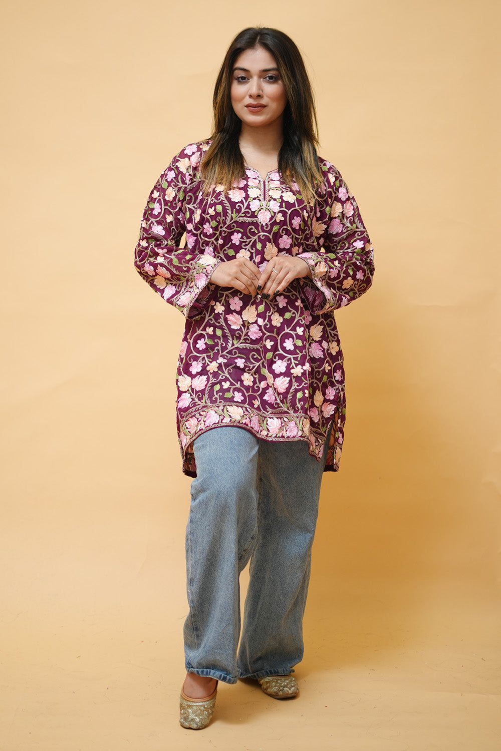 Purple Colour Aari Work Neck Short Kashmiri Kurti