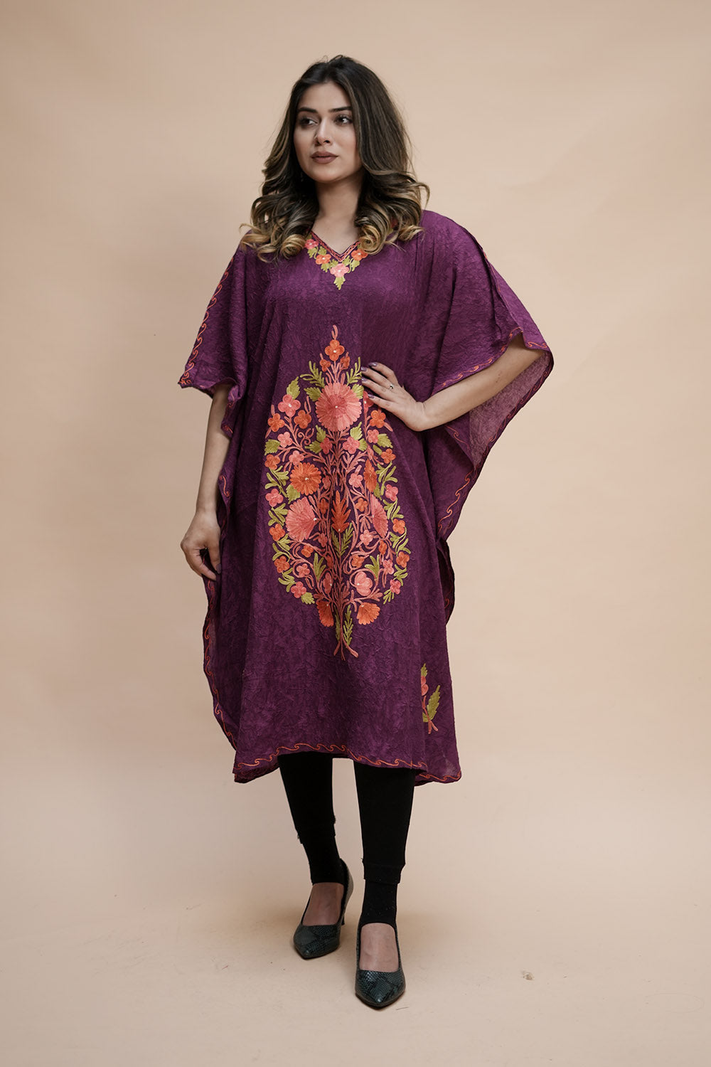 Purple Colour Crush Cotton Kashmiri Aari Work Designer