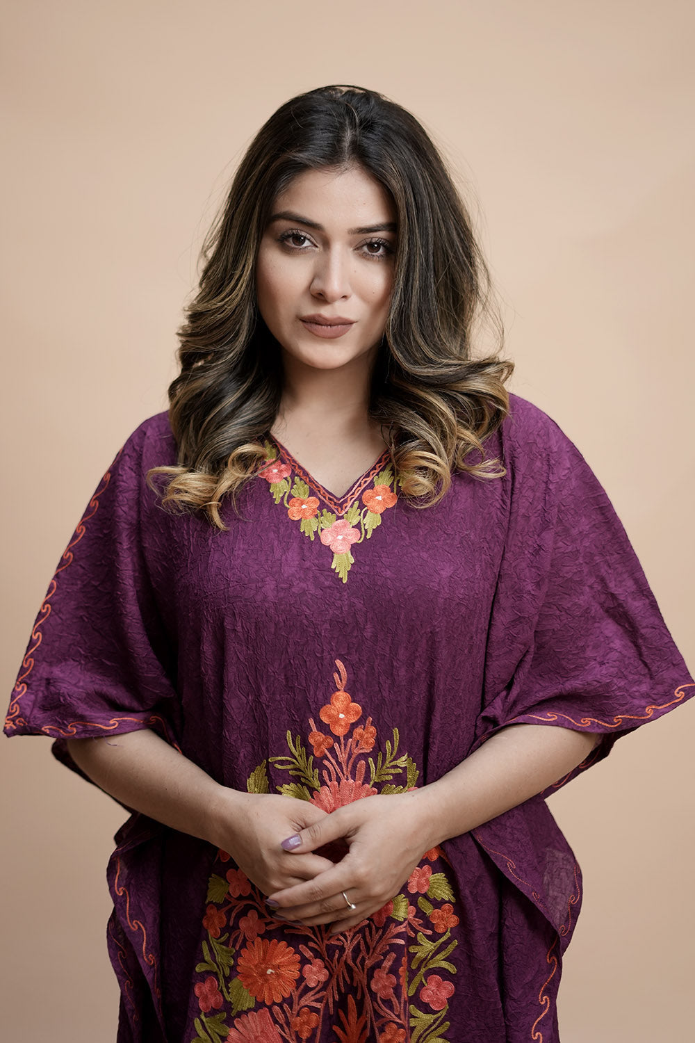 Purple Colour Crush Cotton Kashmiri Aari Work Designer
