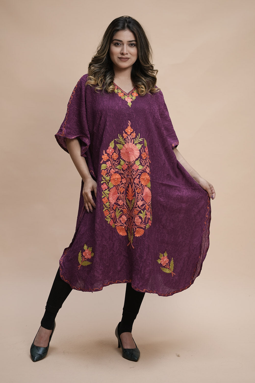 Purple Colour Crush Cotton Kashmiri Aari Work Designer