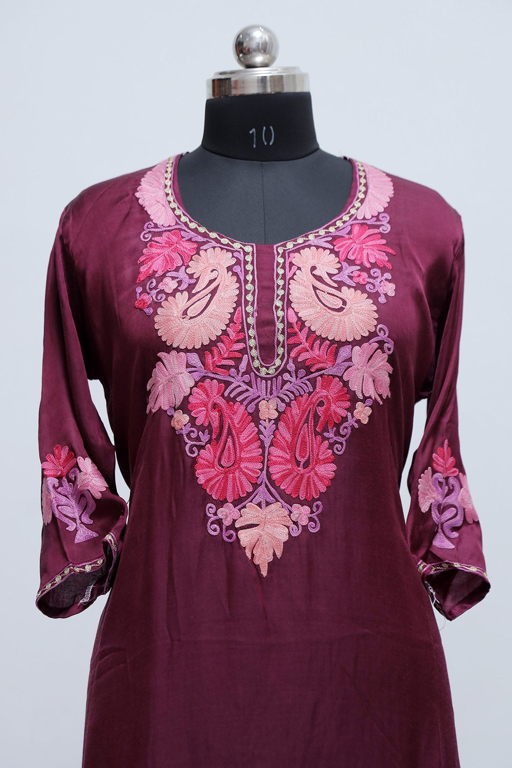 purple Colour Kashmiri Crepe Kurti With Beautiful Aari