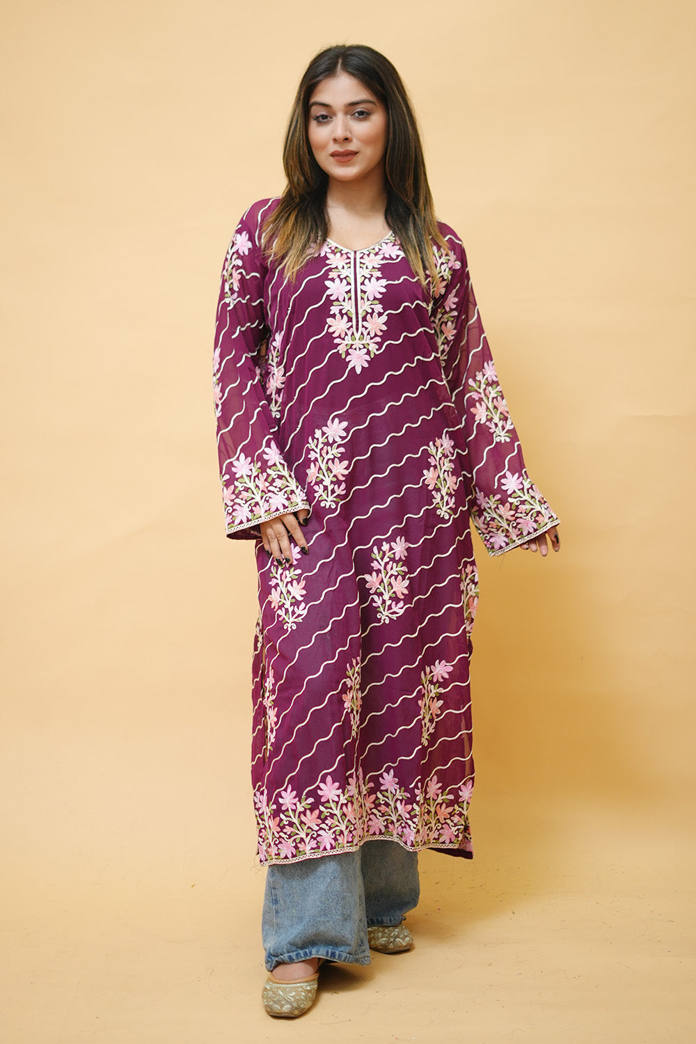 Purple Diagonal Kashmiri Kurti With Multicolour all over