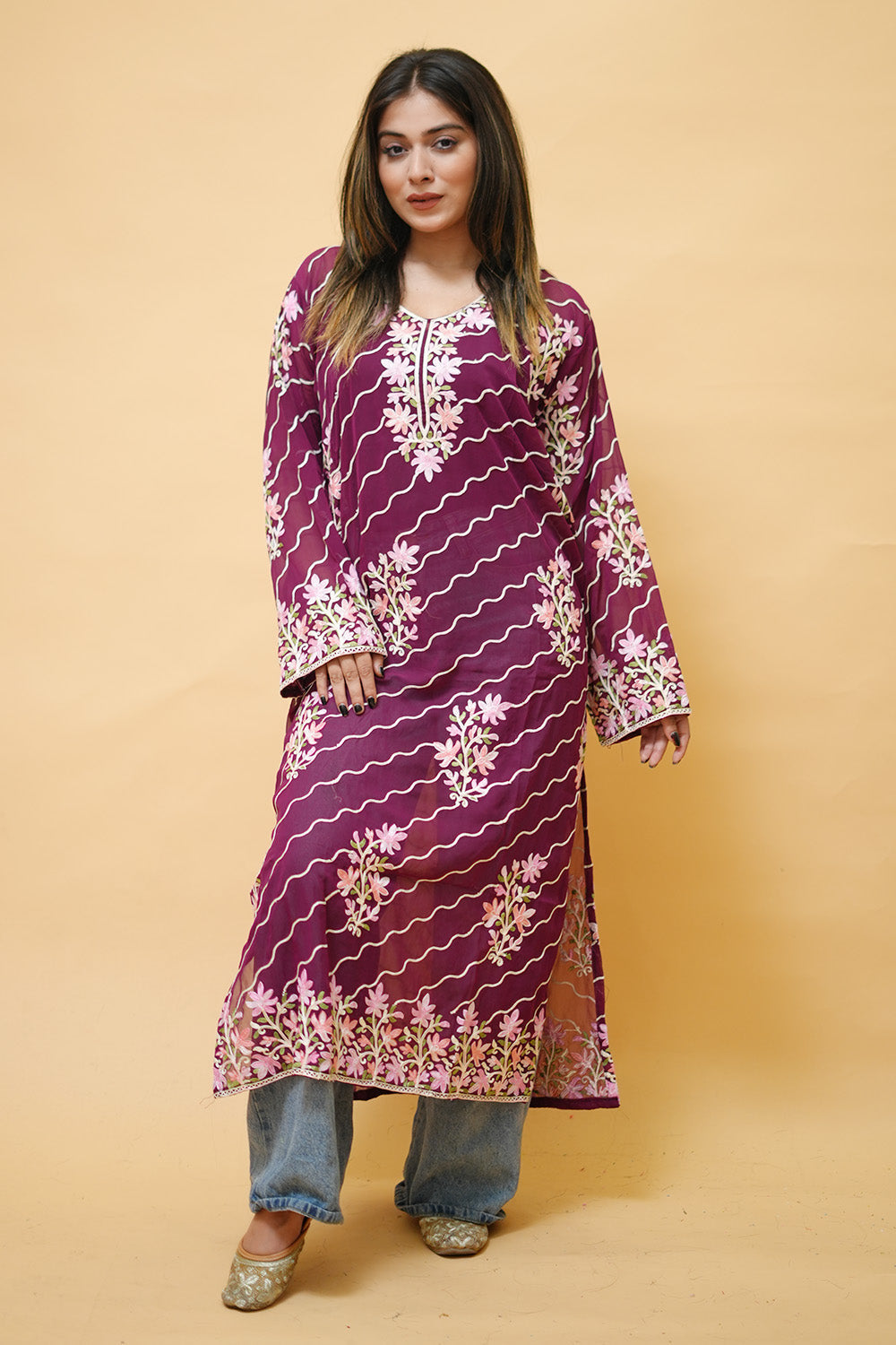 Purple Diagonal Kashmiri Kurti With Multicolour all over
