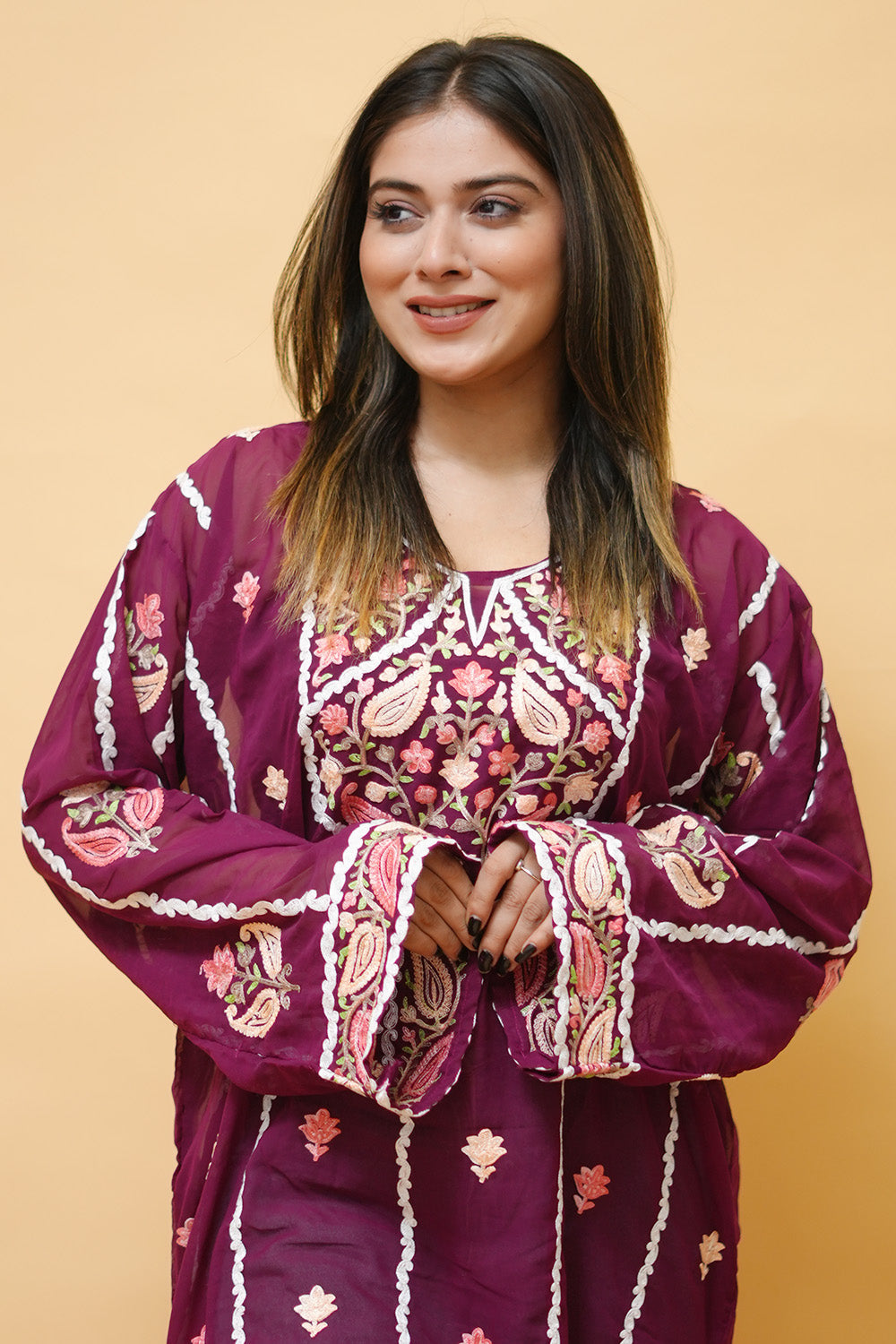 Purple Lining Kashmiri Kurti With Multicolour all over