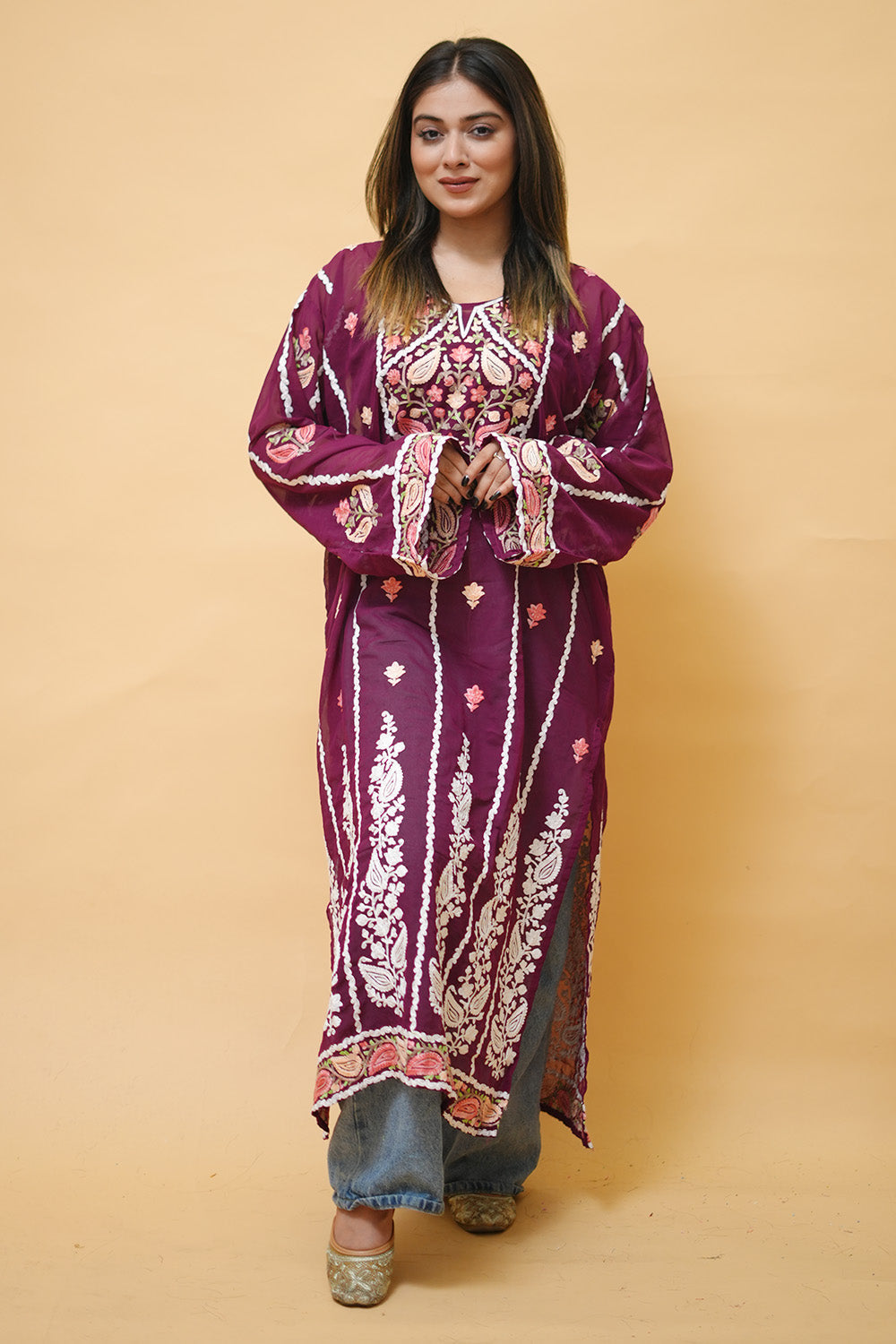 Purple Lining Kashmiri Kurti With Multicolour all over