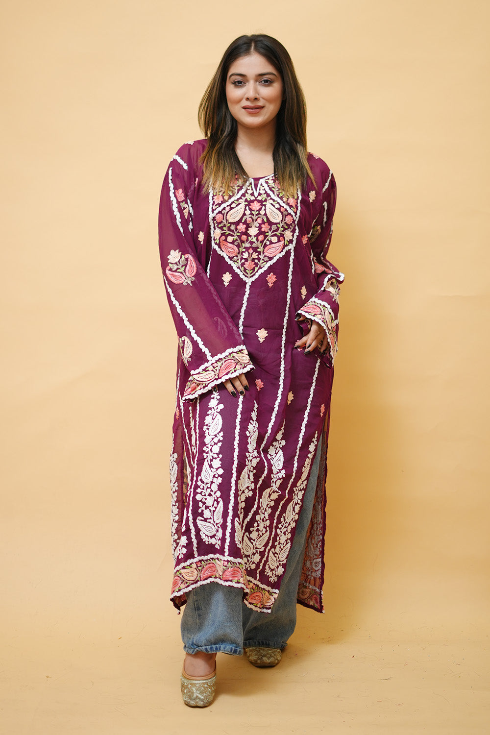 Purple Lining Kashmiri Kurti With Multicolour all over