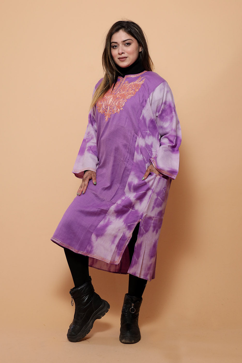 Purple Tye Dye Kashmiri Work Embroidered Phiran Enriched