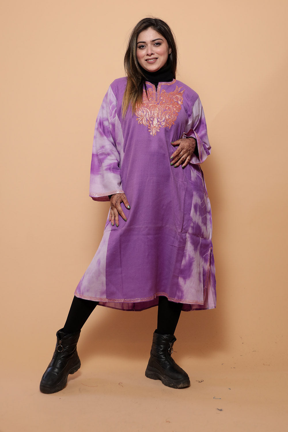 Purple Tye Dye Kashmiri Work Embroidered Phiran Enriched