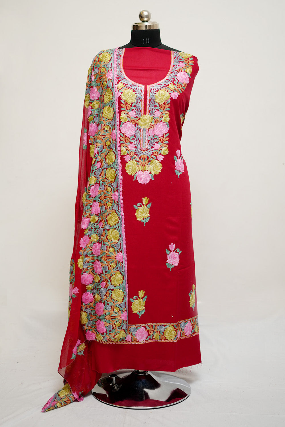 Red Aari Work Salwar Kameez With Neckline Rose Pattern