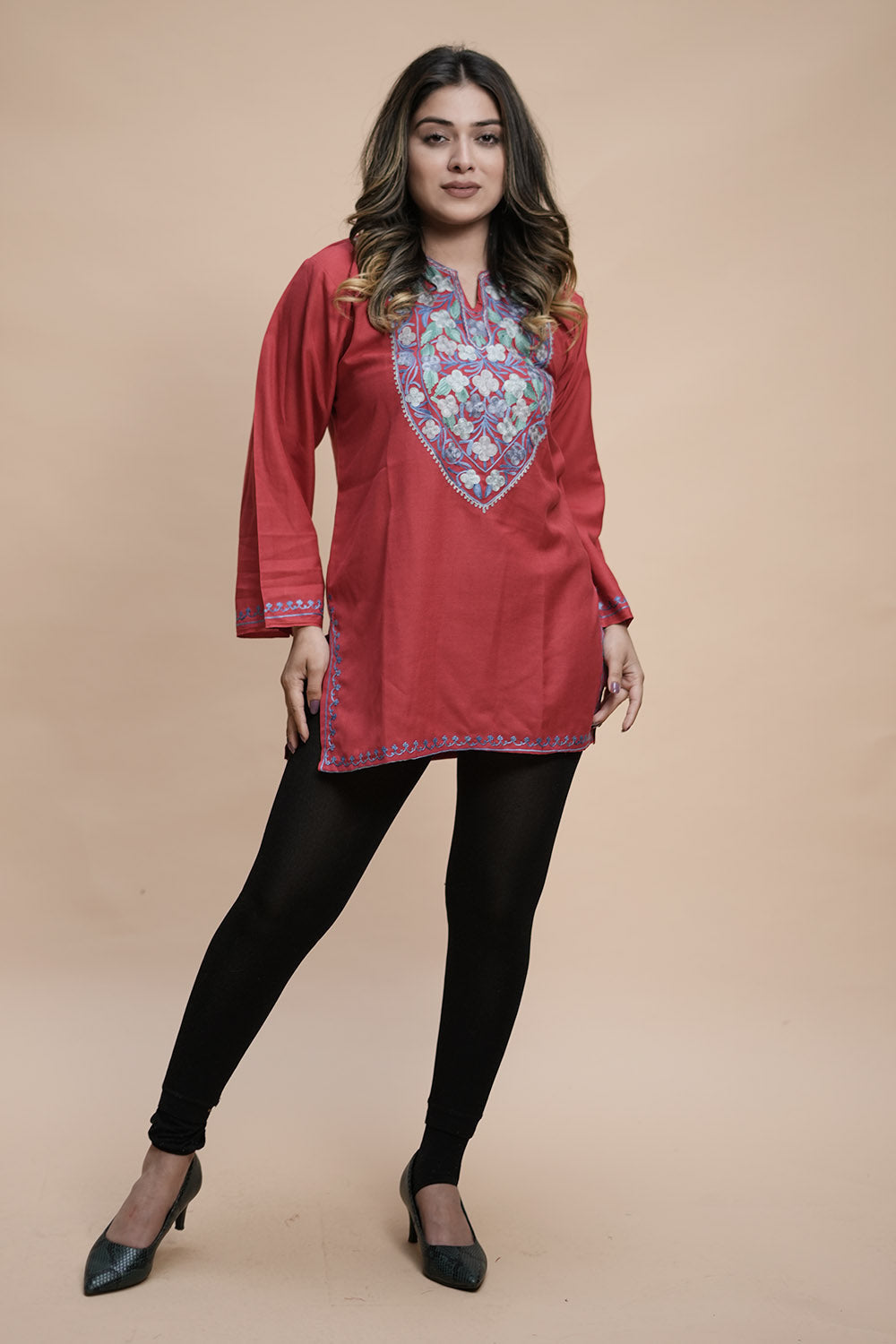 Red Cotton Aari Work Kurti With Multicoloured Designer