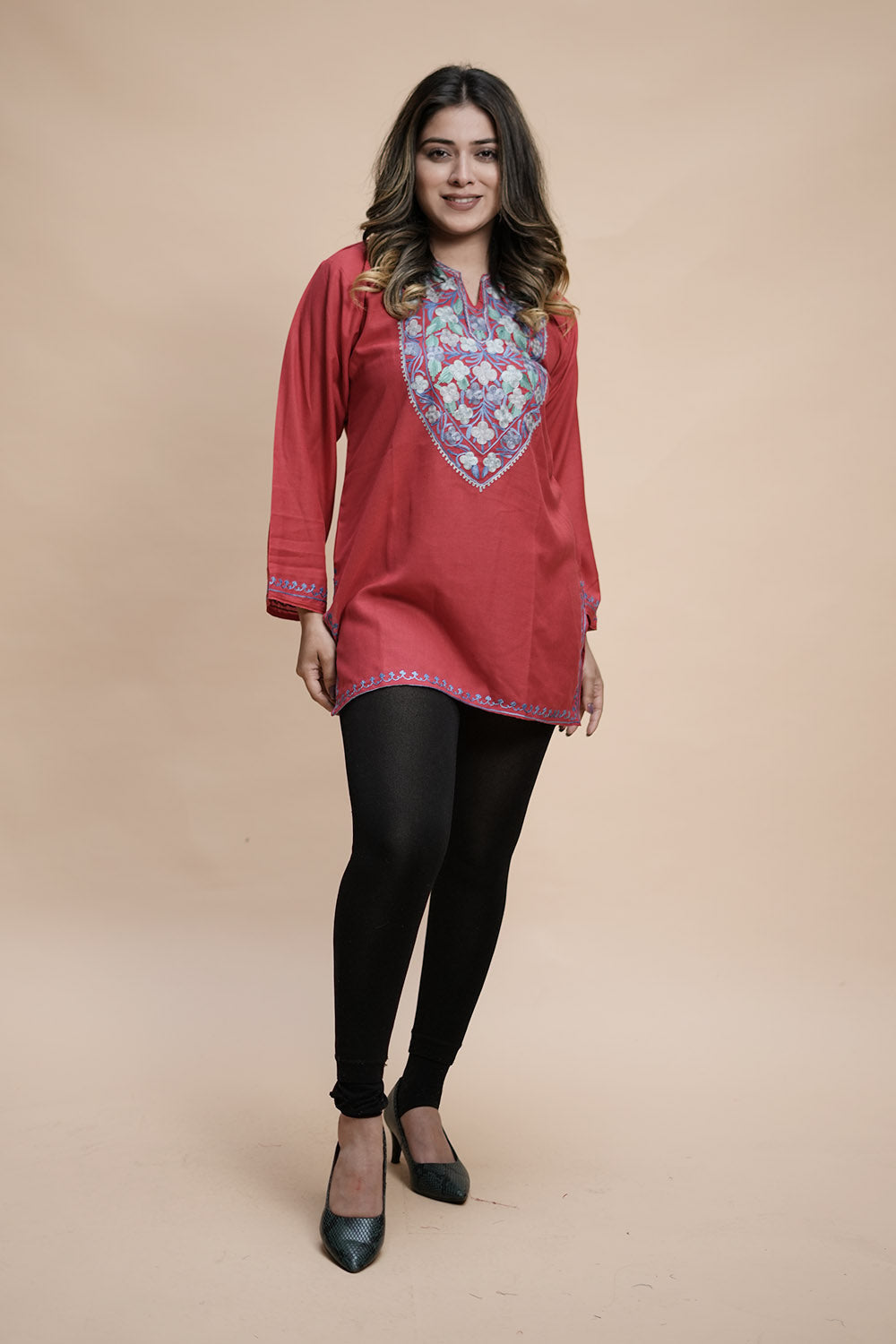 Red Cotton Aari Work Kurti With Multicoloured Designer