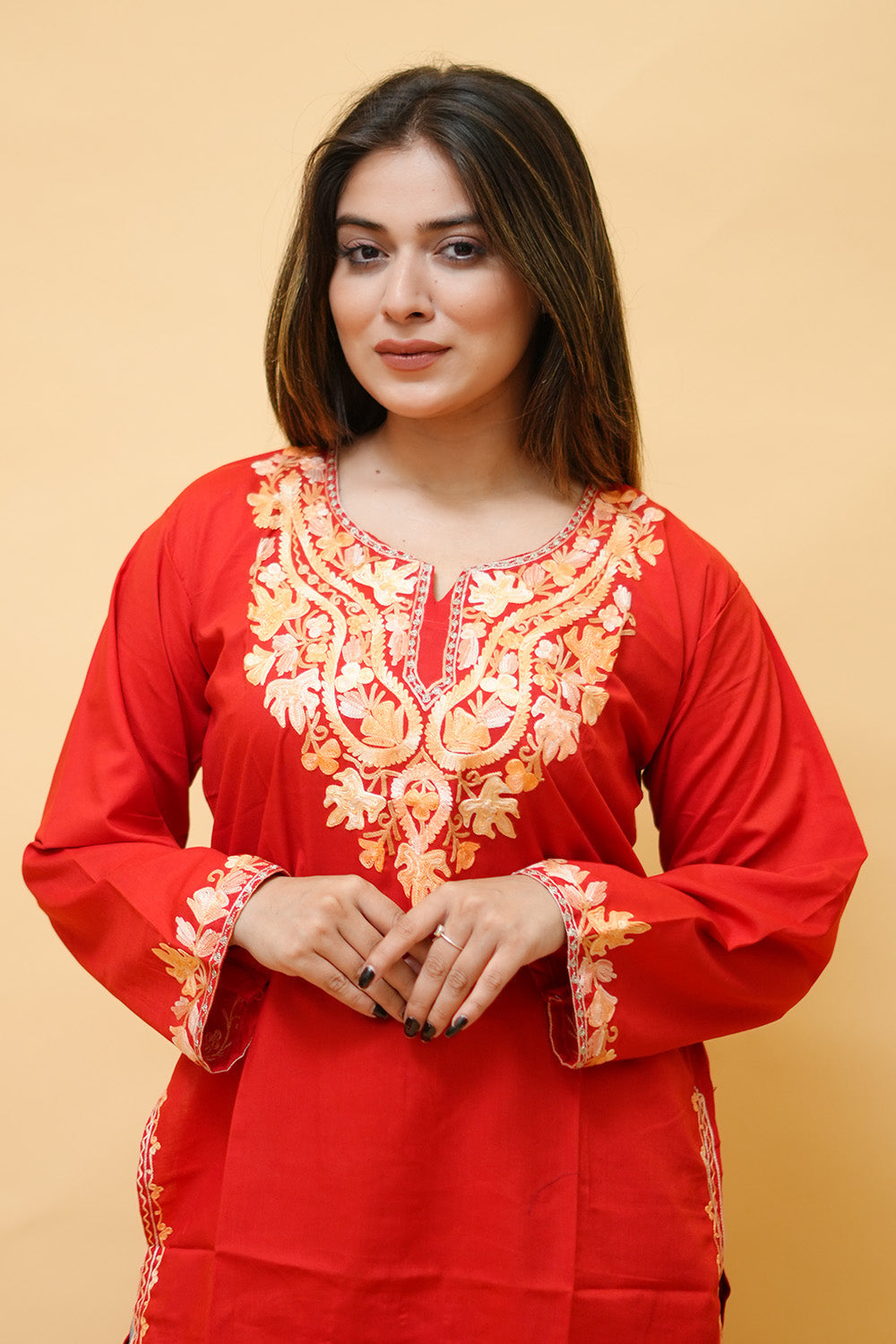 Red Cotton Aari Work Kurti With Multicoloured Neckline