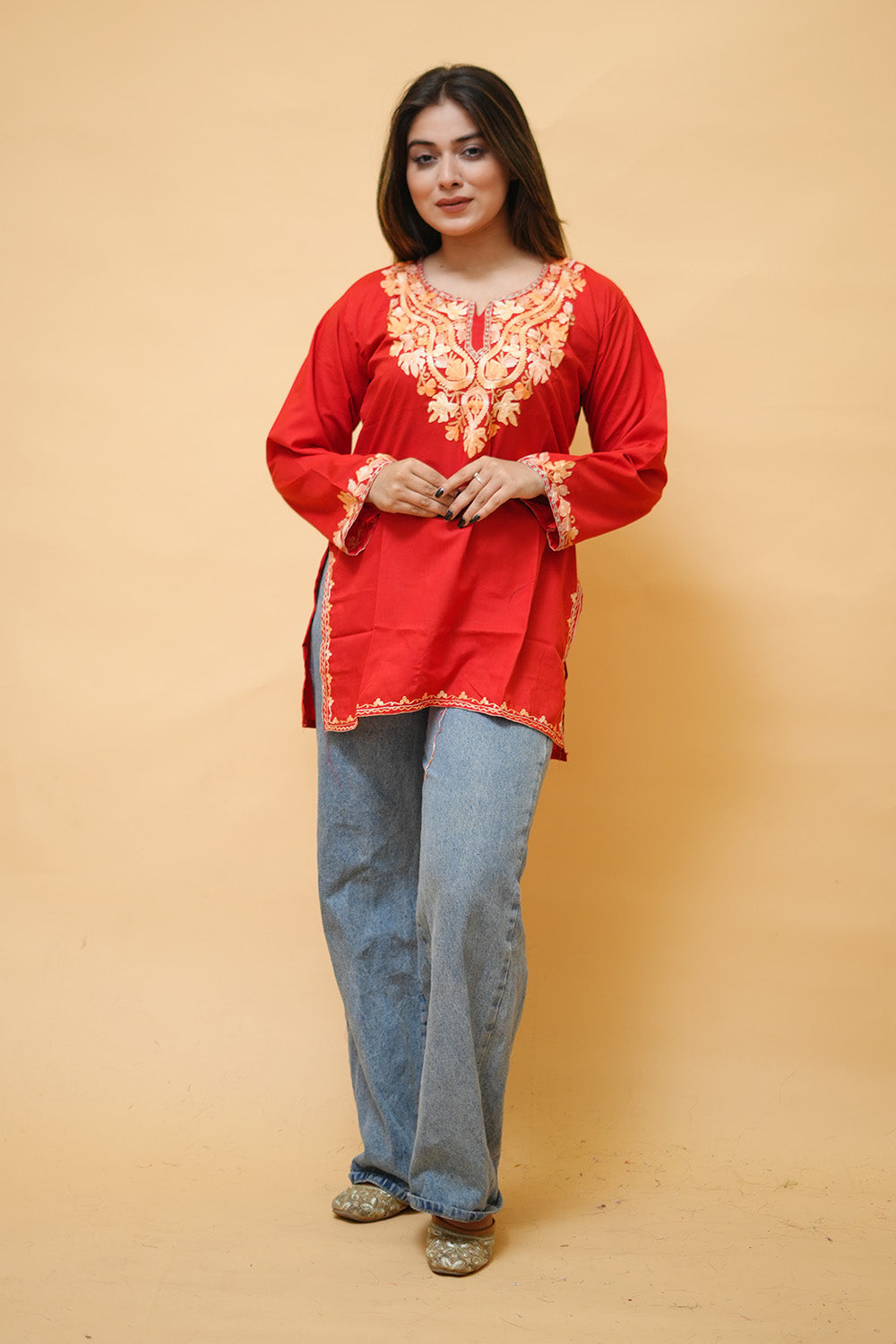 Red Cotton Aari Work Kurti With Multicoloured Neckline