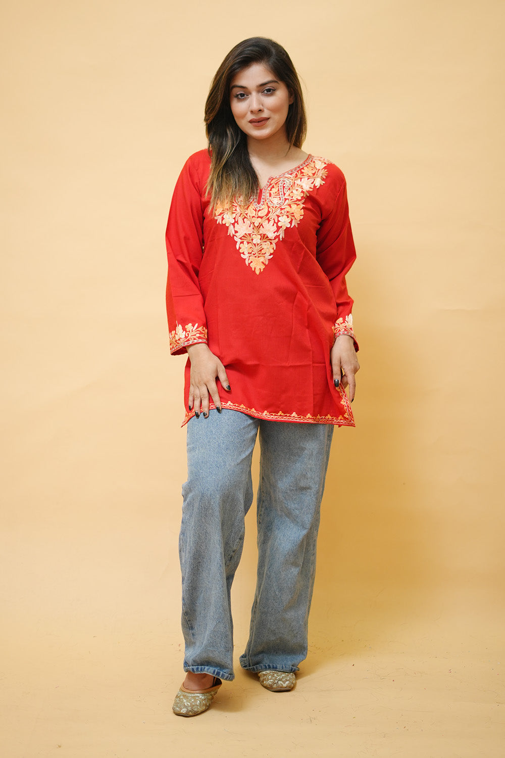 Red Cotton Aari Work Kurti With Multicoloured Neckline