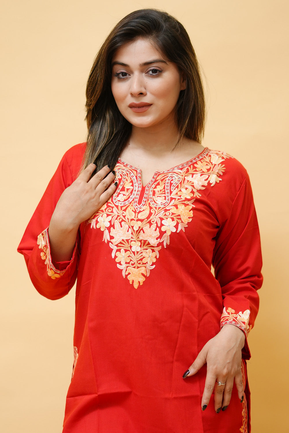 Red Cotton Aari Work Kurti With Multicoloured Neckline