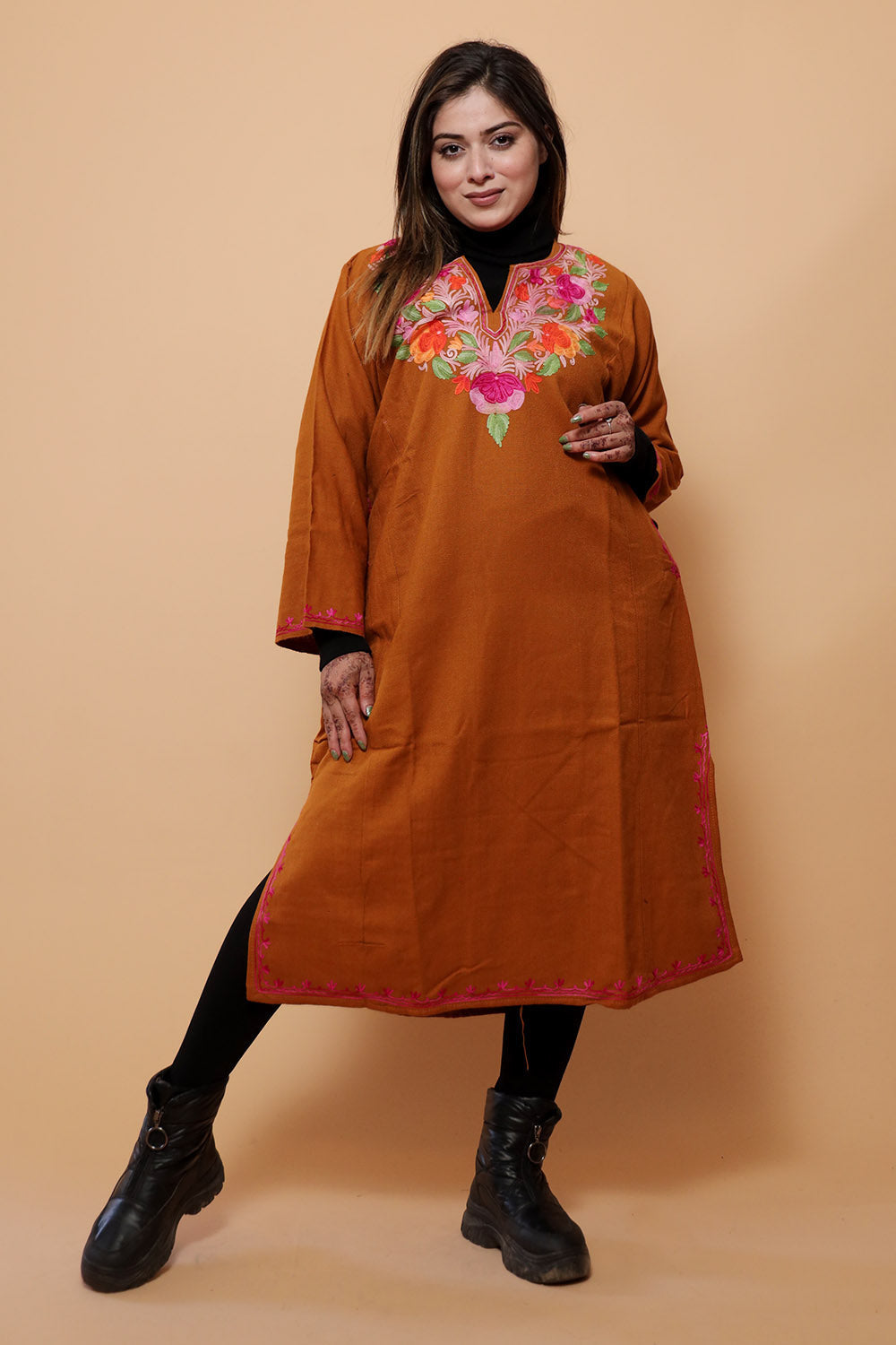 Rust Color Aari Work Embroidered Phiran Enriched Designer