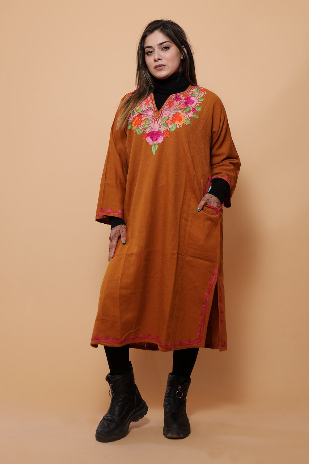 Rust Color Aari Work Embroidered Phiran Enriched Designer
