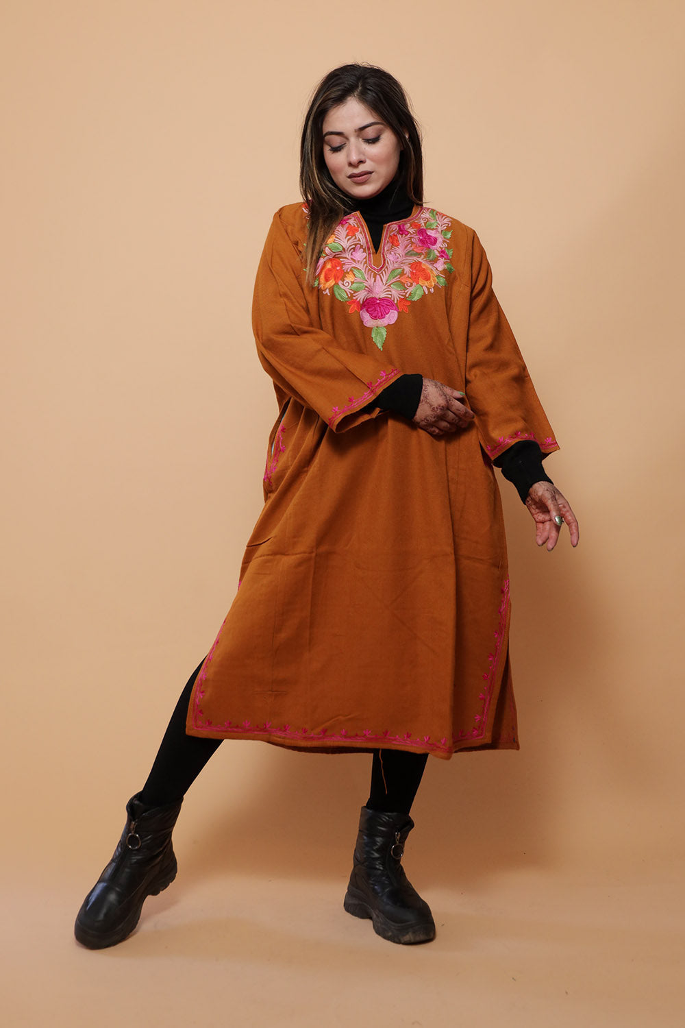 Rust Color Aari Work Embroidered Phiran Enriched Designer