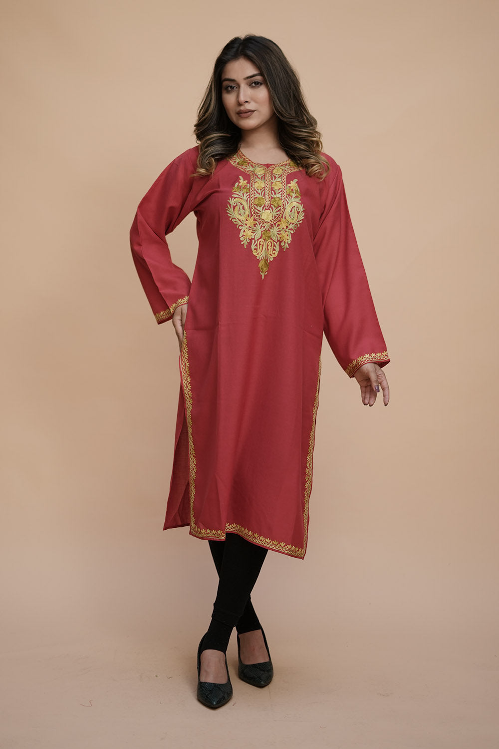 Rust Colour Cotton Kurti With Beautiful Aari Embroidery