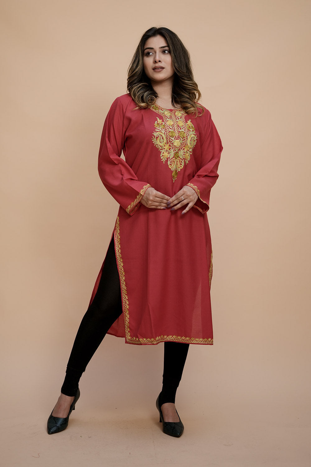 Rust Colour Cotton Kurti With Beautiful Aari Embroidery