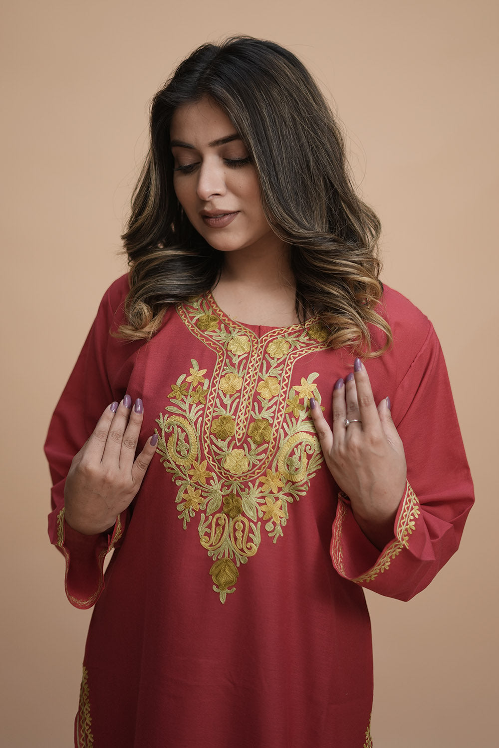 Rust Colour Cotton Kurti With Beautiful Aari Embroidery