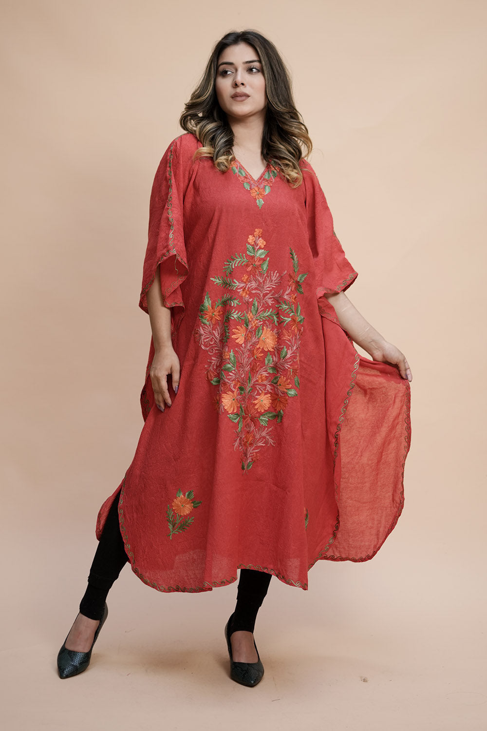 Rust Colour Crush Cotton Kashmiri Aari Work Designer Kaftan