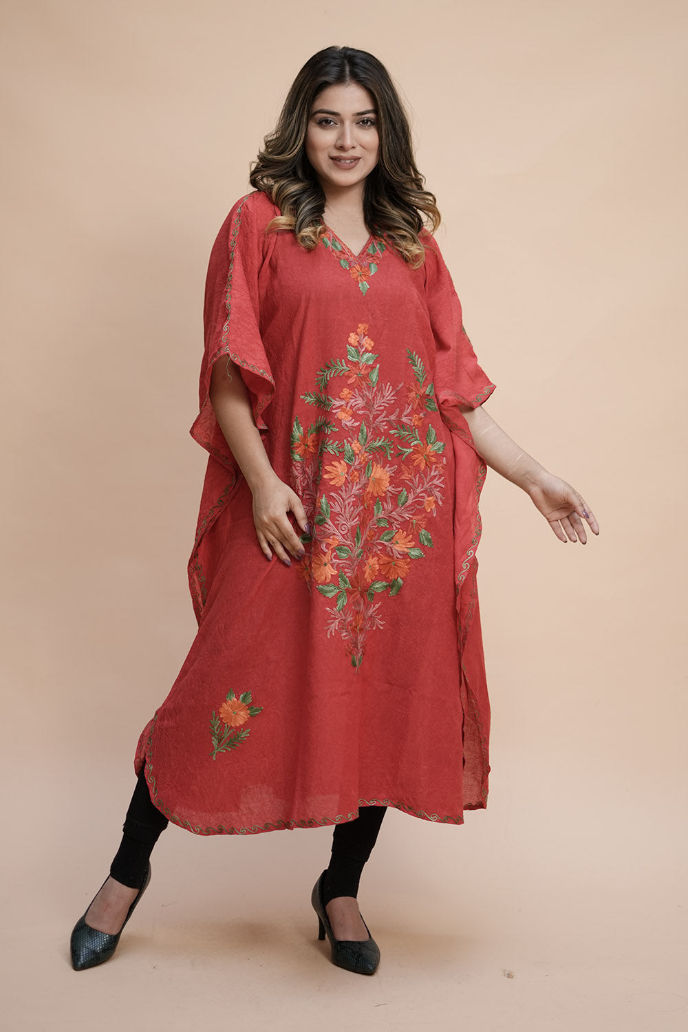 Rust Colour Crush Cotton Kashmiri Aari Work Designer Kaftan