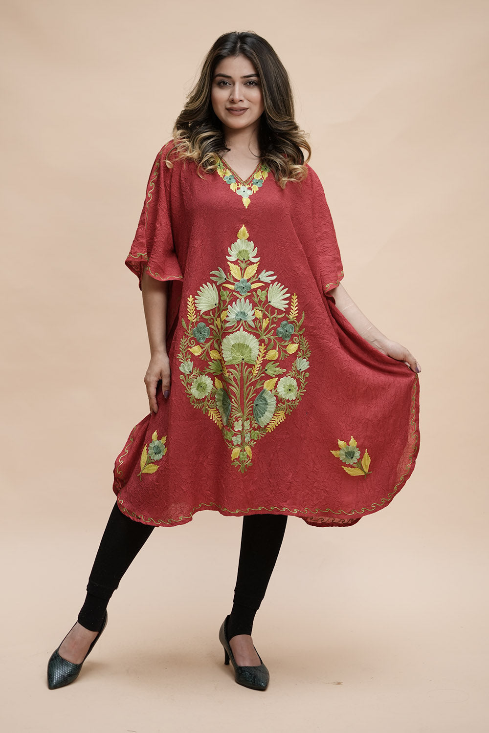 Rust Colour Crush Cotton Kashmiri Aari Work Designer Kaftan