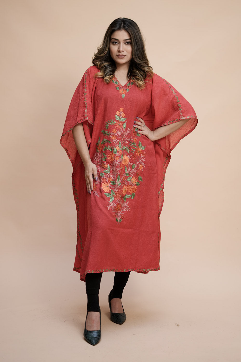 Rust Colour Crush Cotton Kashmiri Aari Work Designer Kaftan