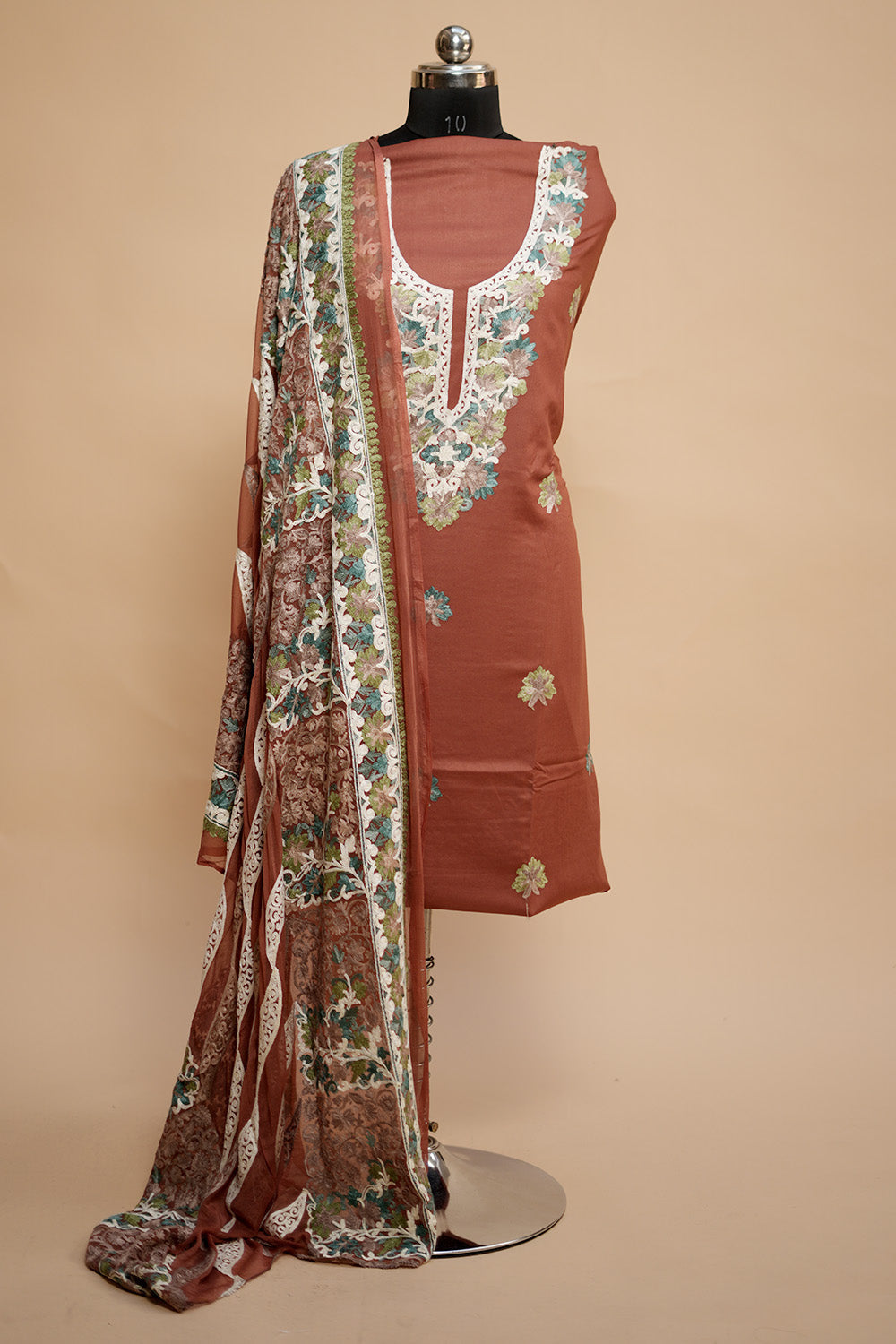 Rust Colour Designer Aari Work Salwar Kameez With Running