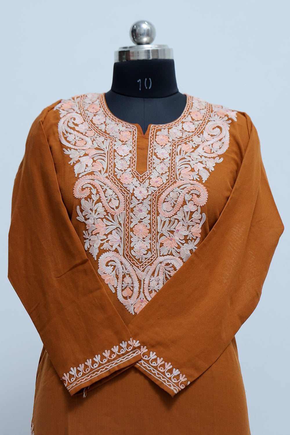 Rusty Brown Colour Cotton Kurti With Beautiful Aari