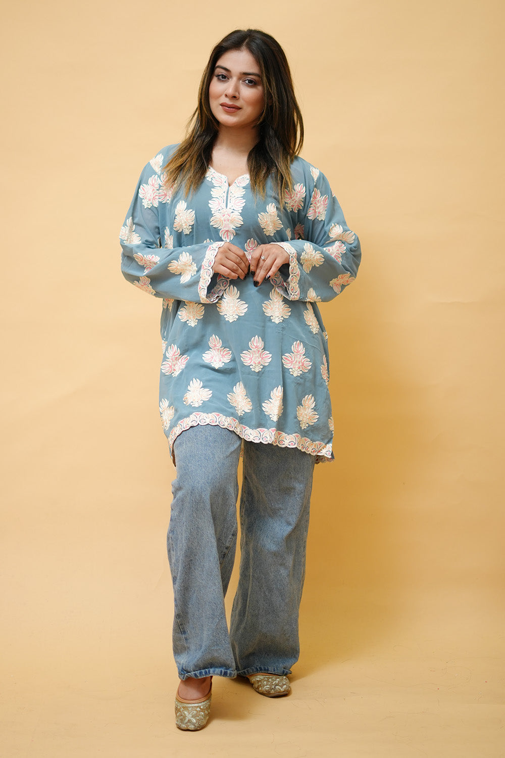 Sauve Blue Colour Aari Work Neck Short Kashmiri Kurti