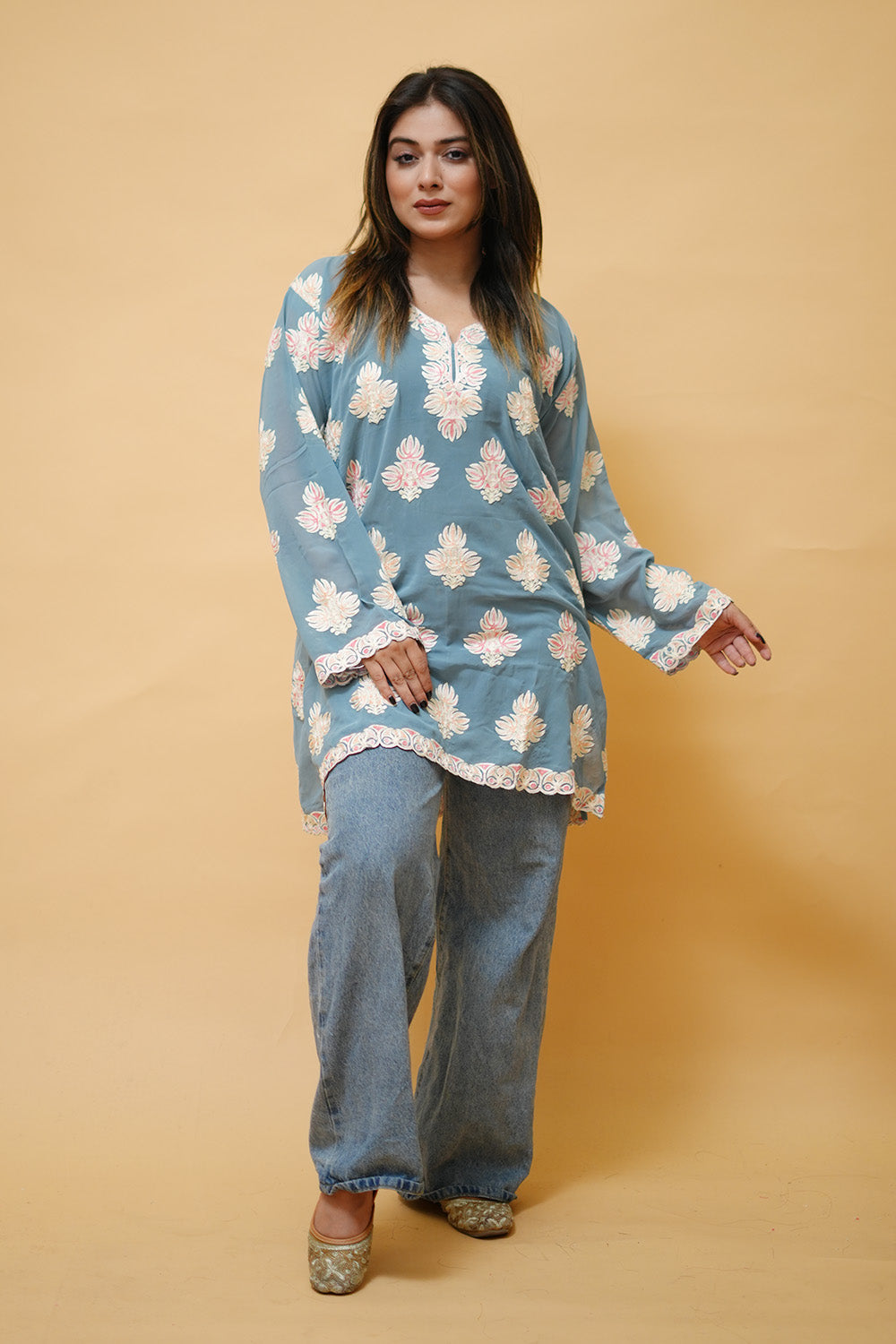 Sauve Blue Colour Aari Work Neck Short Kashmiri Kurti