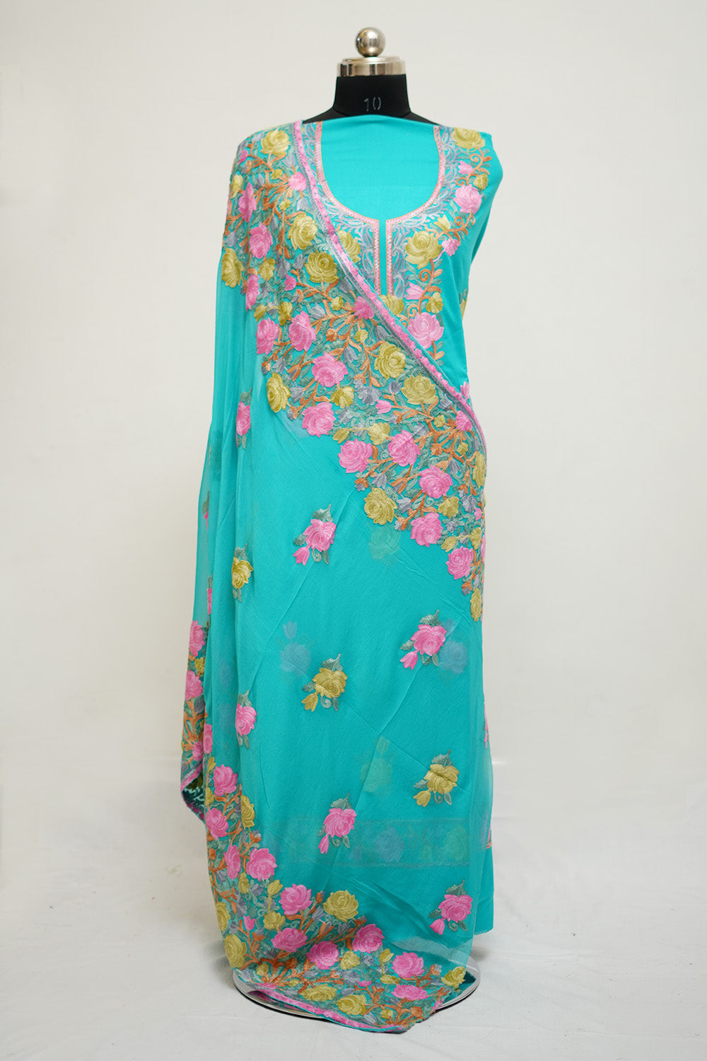 Sea Green Aari Work Salwar Kameez With Neckline Rose