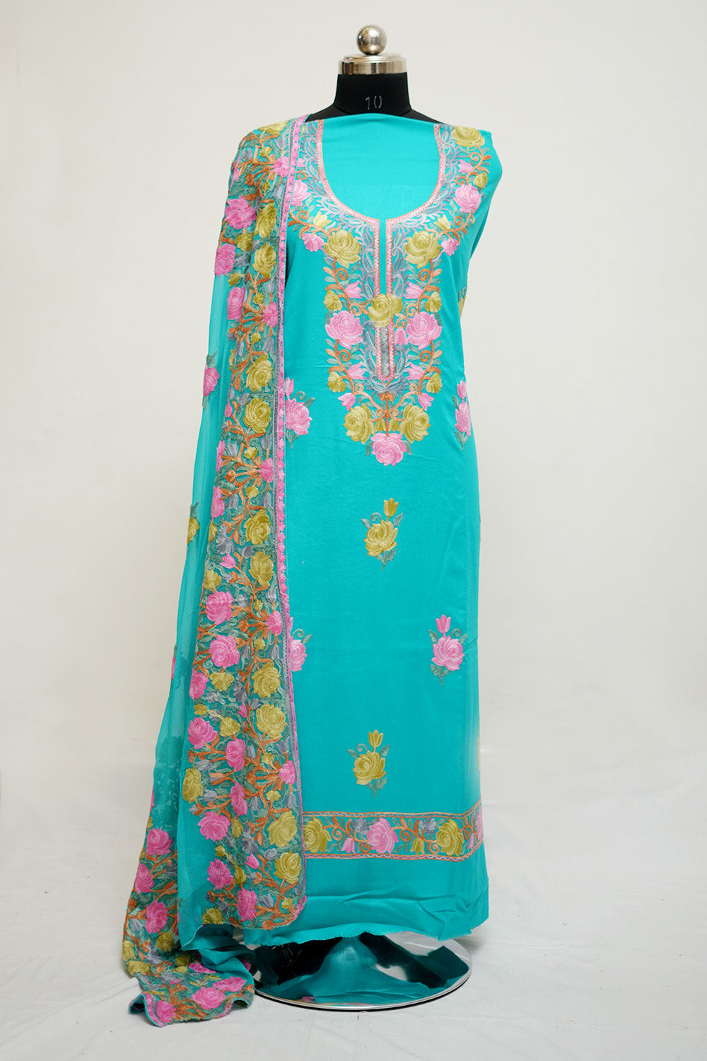 Sea Green Aari Work Salwar Kameez With Neckline Rose