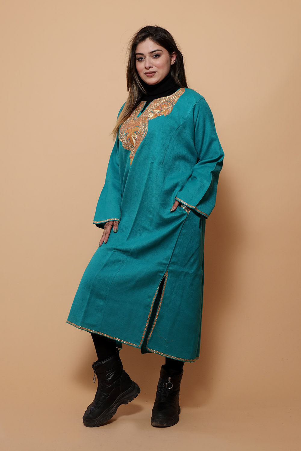 Sea Green Color Kashmiri Work Embroidered Phiran Enriched