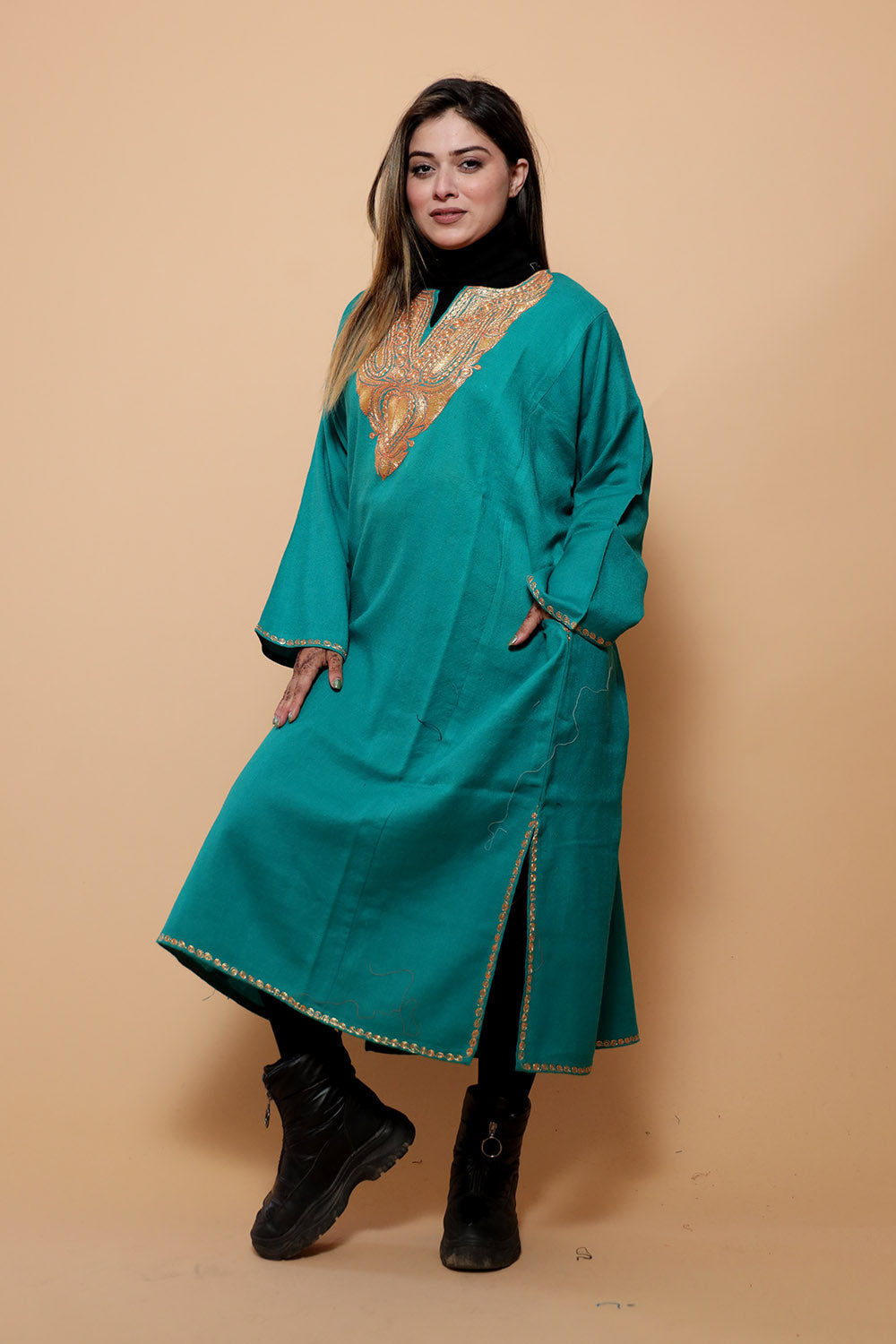 Sea Green Color Kashmiri Work Embroidered Phiran Enriched