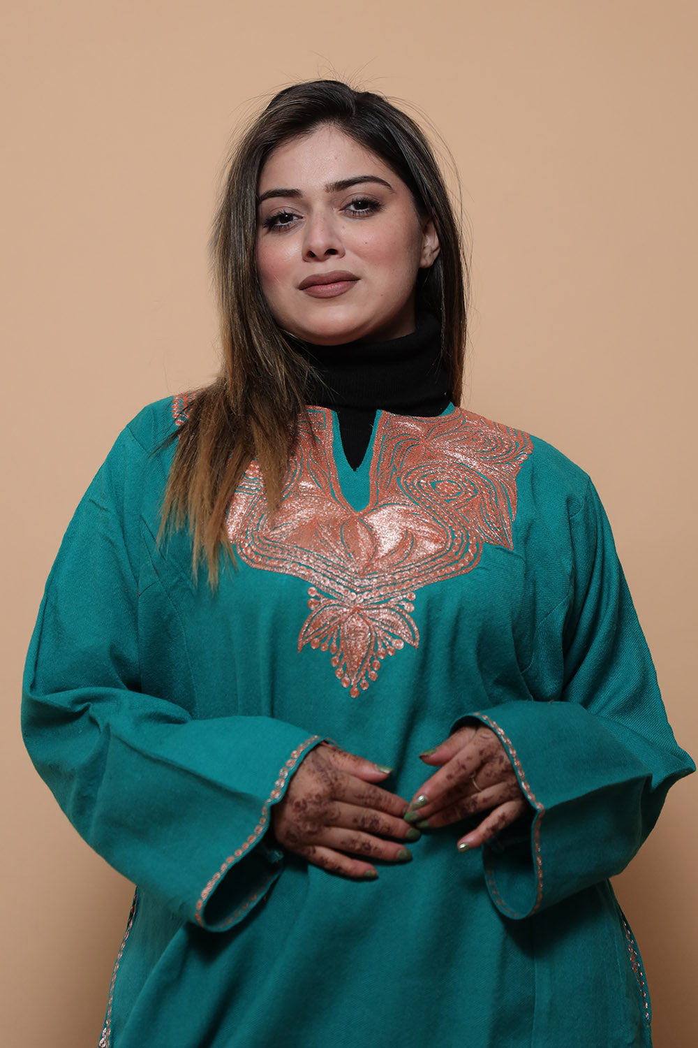 Sea Green Color Kashmiri Work Embroidered Phiran Enriched