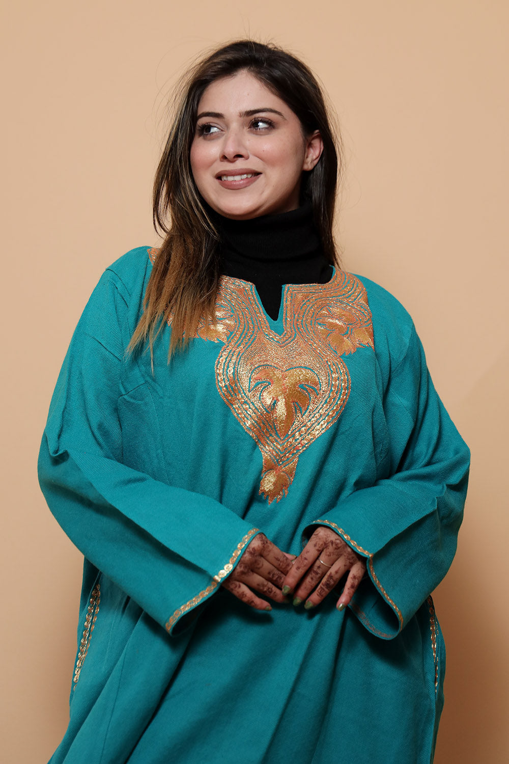 Sea Green Color Kashmiri Work Embroidered Phiran Enriched