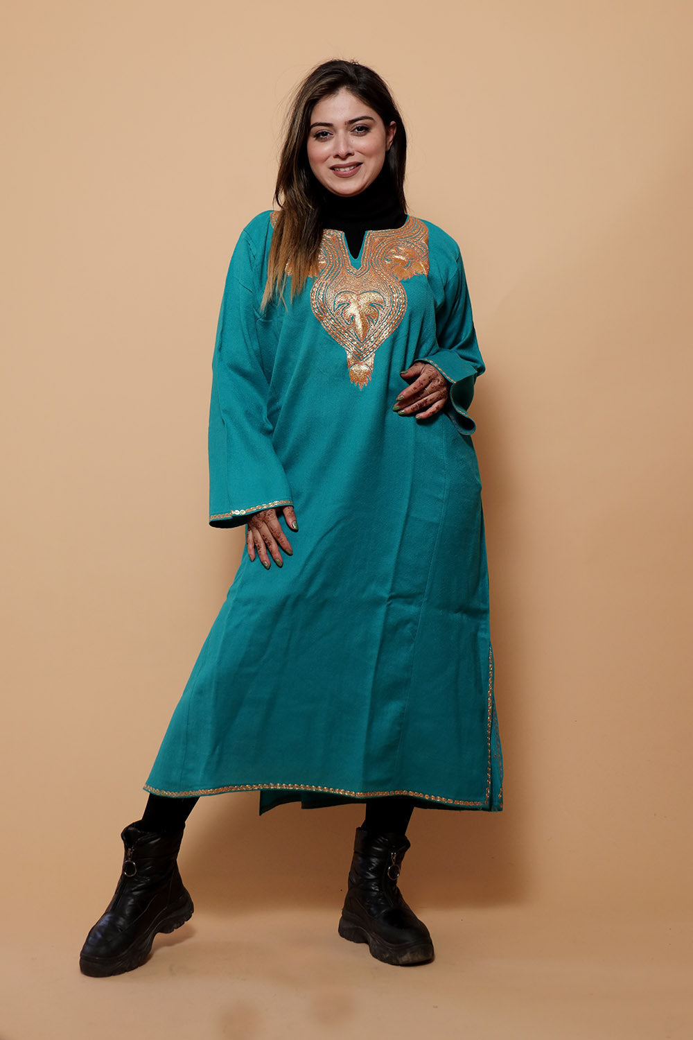 Sea Green Color Kashmiri Work Embroidered Phiran Enriched