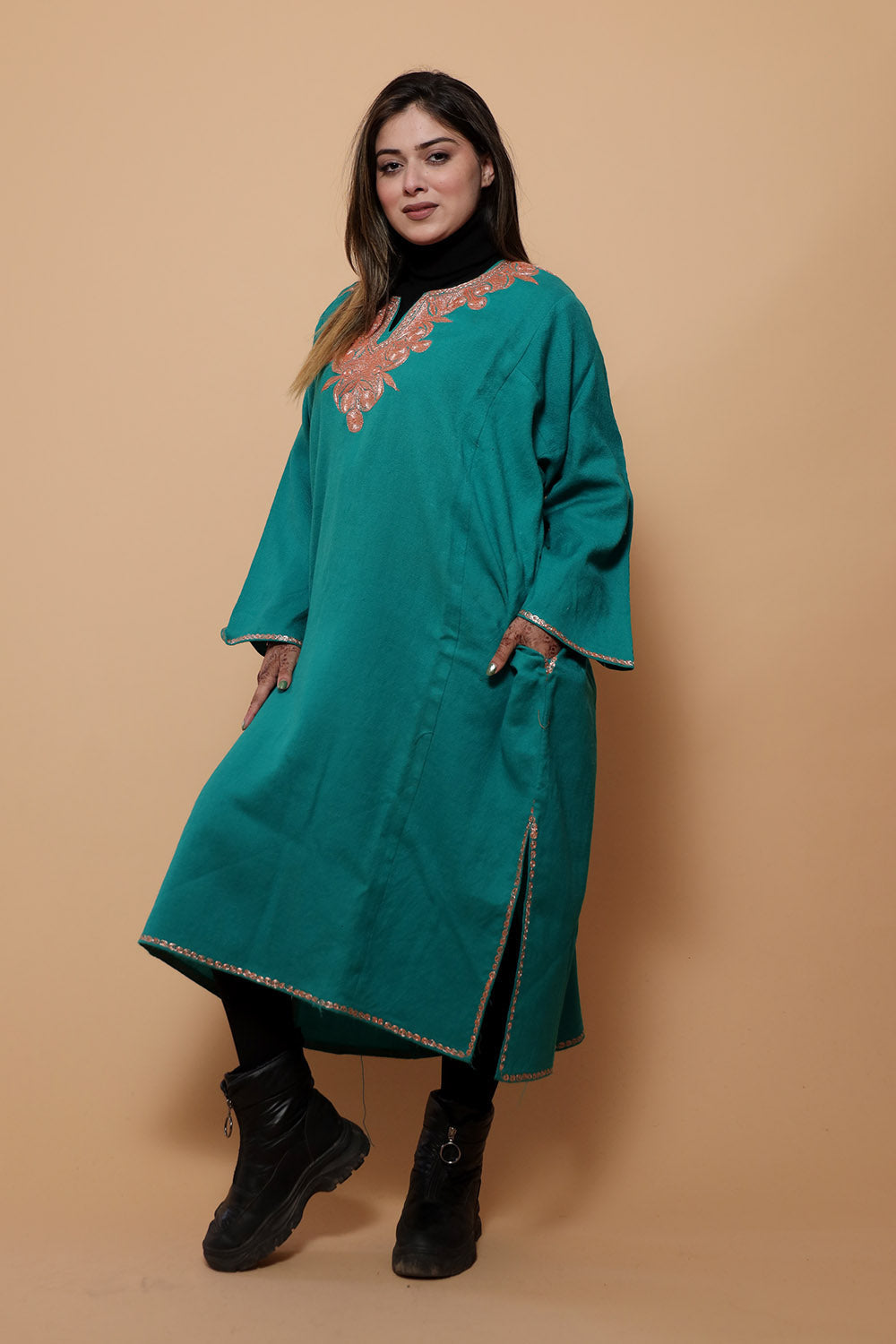 Sea Green Color Kashmiri Work Embroidered Phiran Enriched