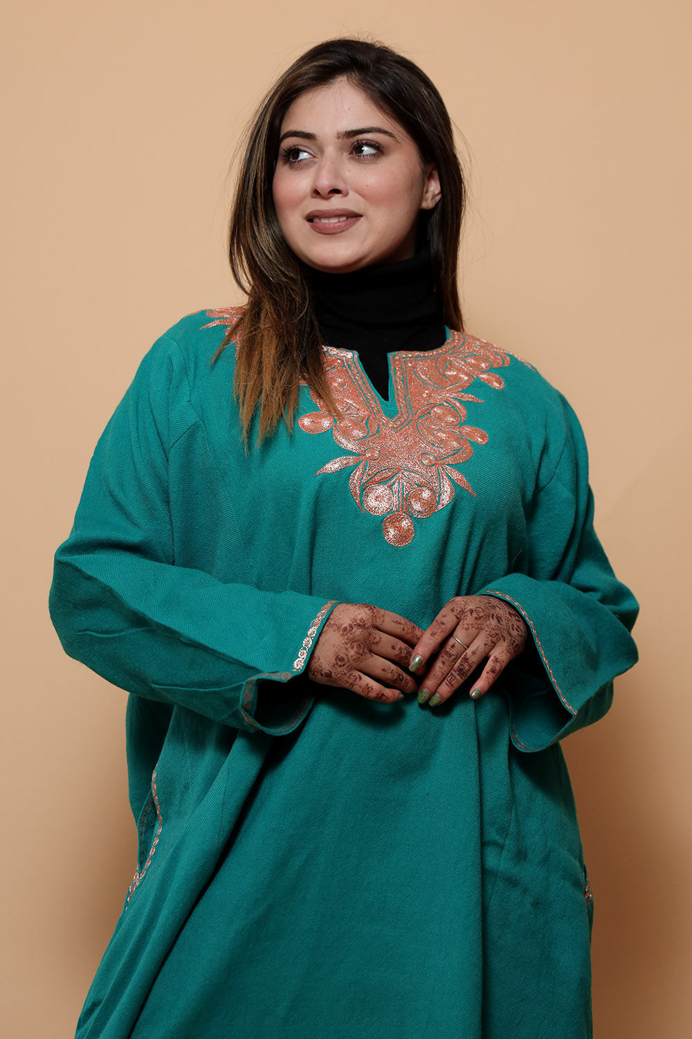 Sea Green Color Kashmiri Work Embroidered Phiran Enriched