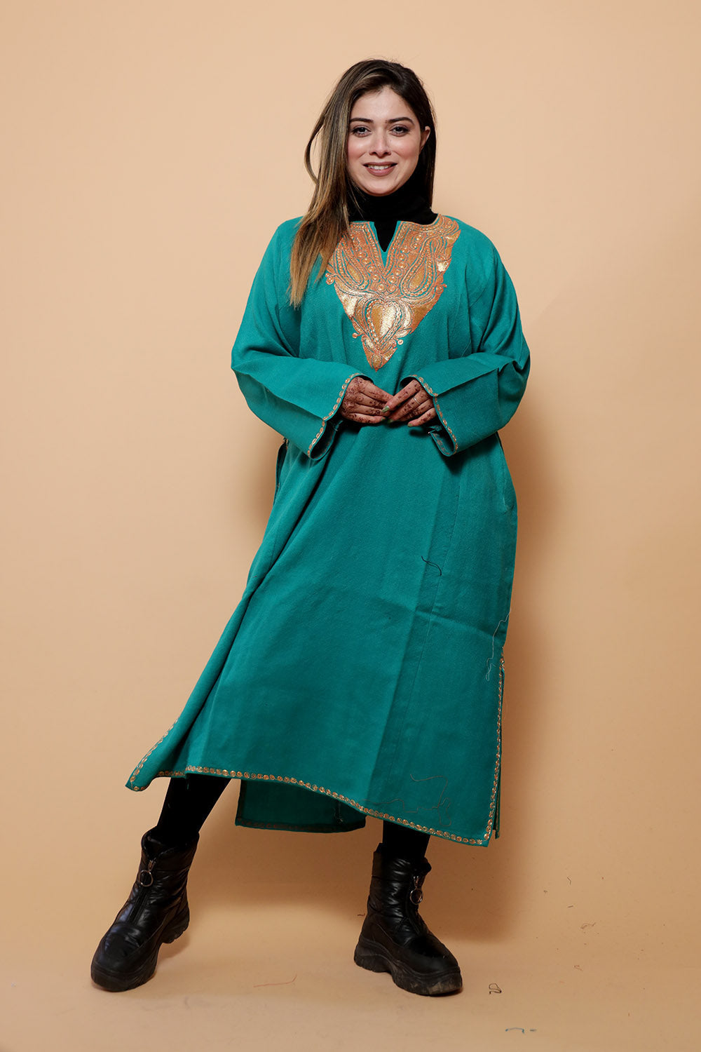 Sea Green Color Kashmiri Work Embroidered Phiran Enriched