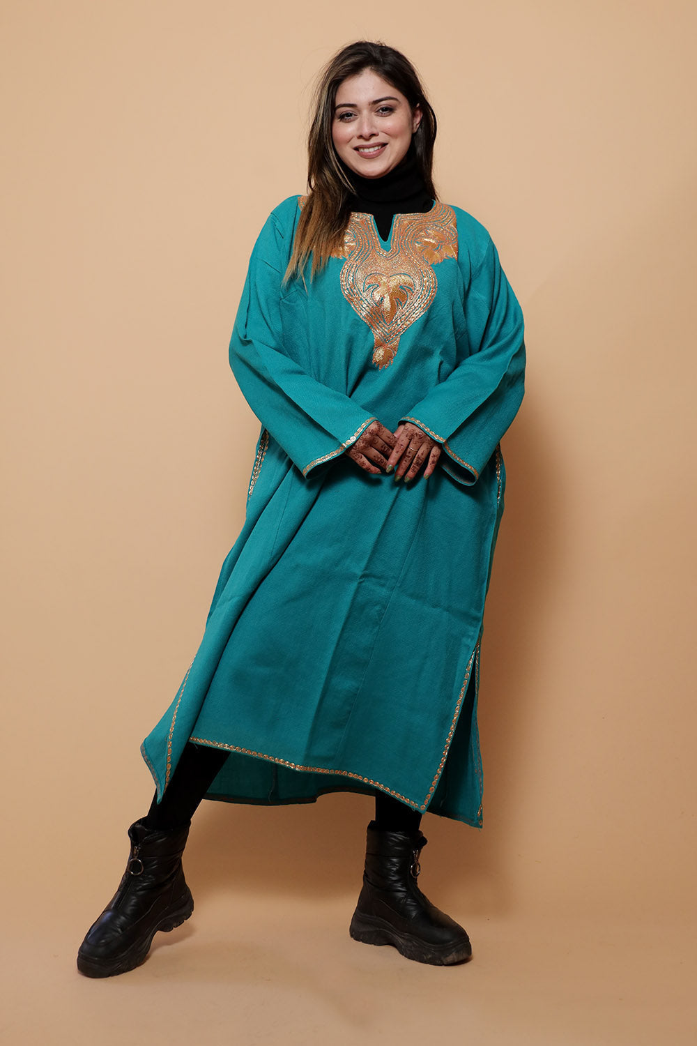 Sea Green Color Kashmiri Work Embroidered Phiran Enriched