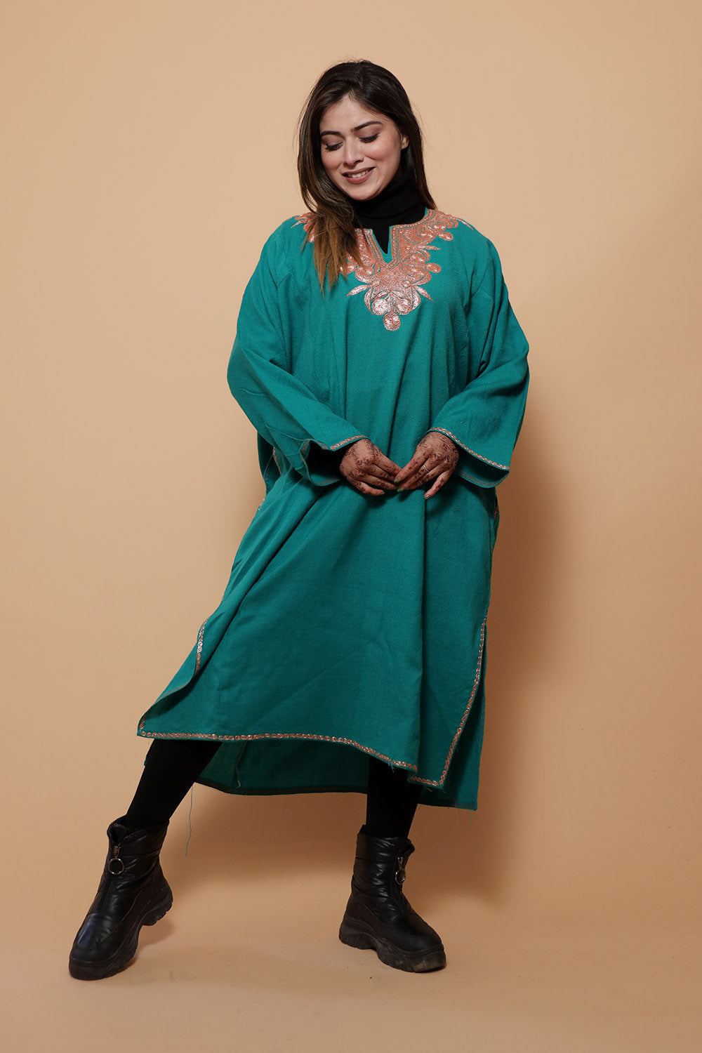 Sea Green Color Kashmiri Work Embroidered Phiran Enriched