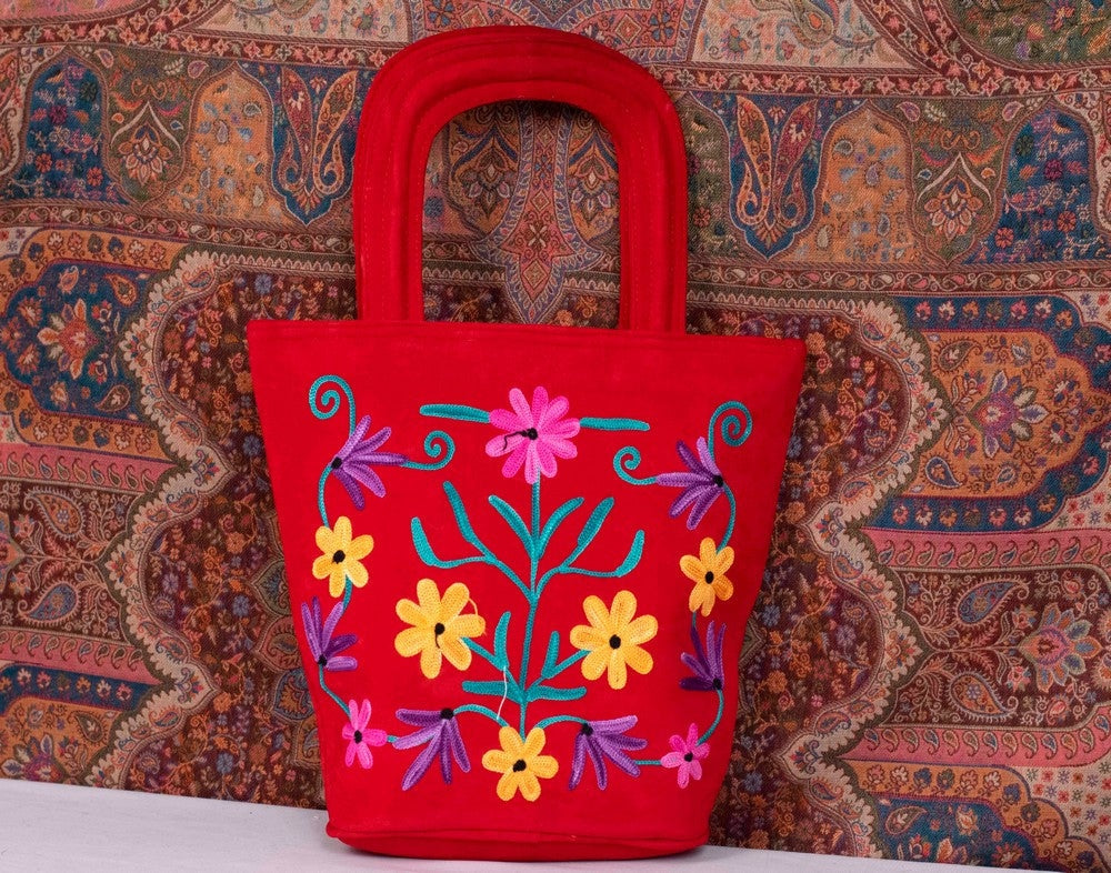 Suede Leather Kashmiri Work Hand Bag