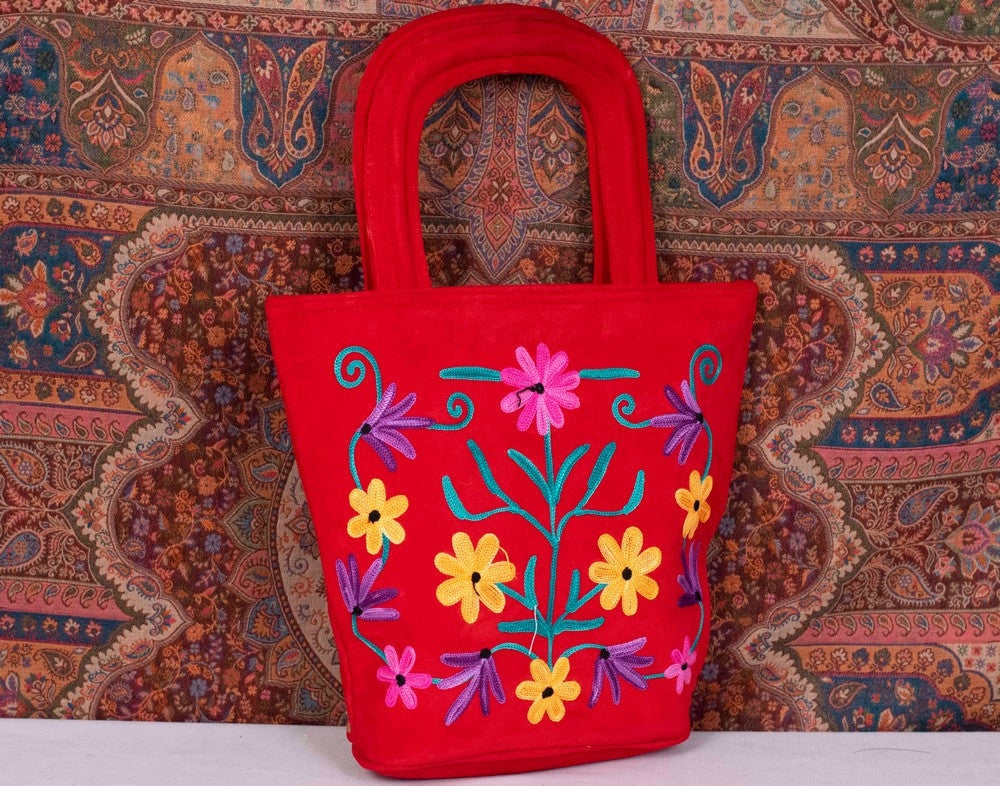 Suede Leather Kashmiri Work Hand Bag