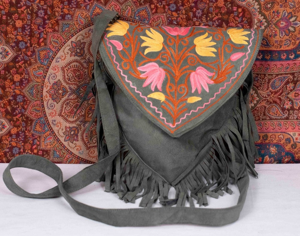 Suede Leather Kashmiri Work Heart Shape Sling Bag